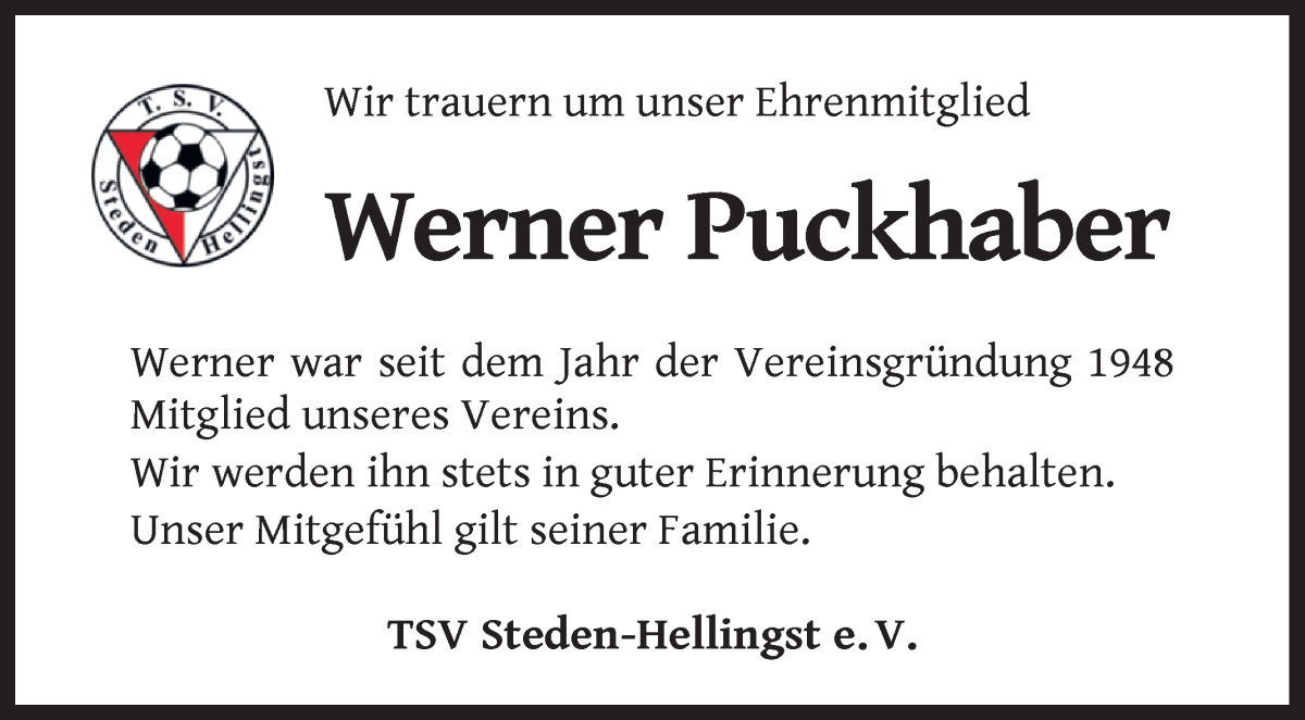 Traueranzeige von Werner Puckhaber von Osterholzer Kreisblatt