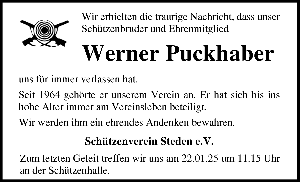 Traueranzeige von Werner Puckhaber von Osterholzer Kreisblatt