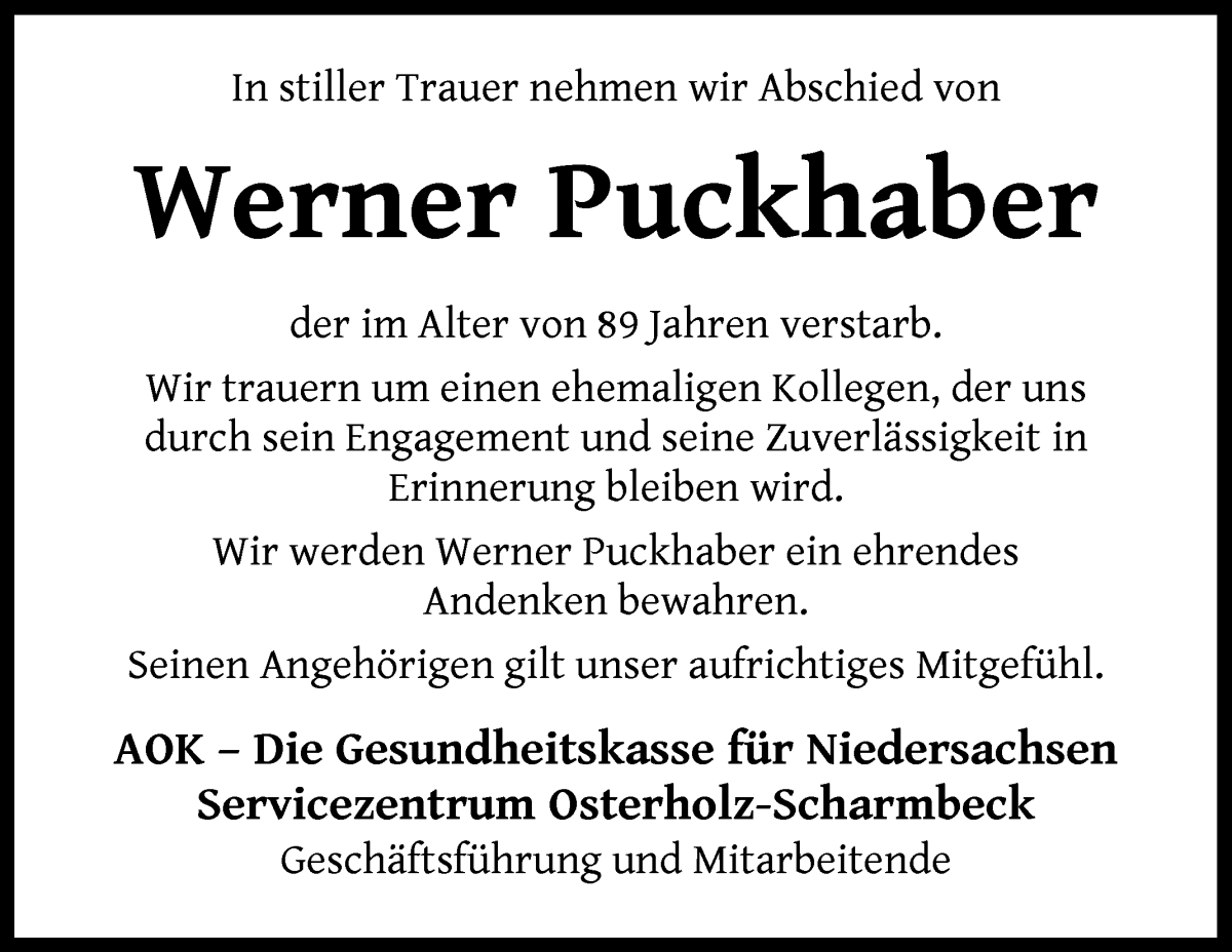 Traueranzeige von Werner Puckhaber von Osterholzer Kreisblatt