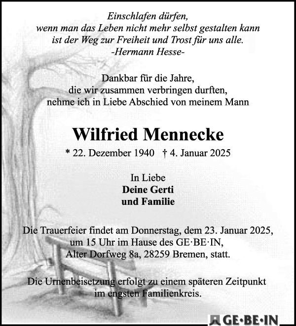 Traueranzeige von Wilfried Mennecke von WESER-KURIER