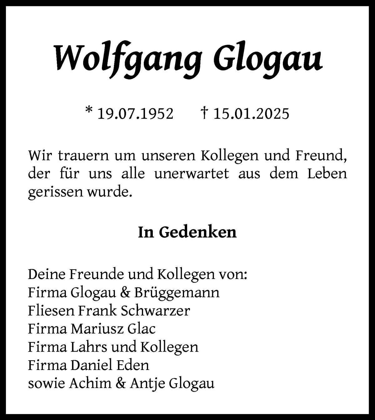 Traueranzeige von Wolfgang Glogau von Delmenhorster Kurier