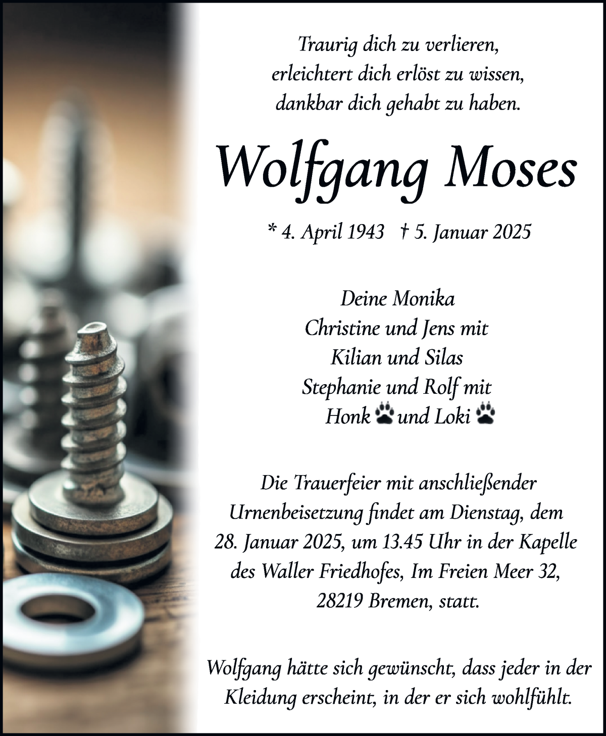 Traueranzeige von Wolfgang Moses von WESER-KURIER