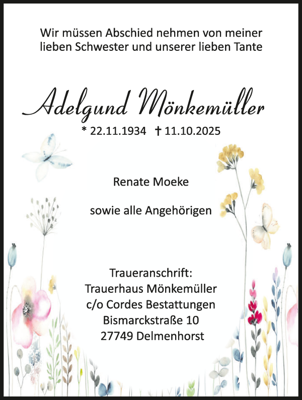 Traueranzeige von Adelgund Mönkemüller von WESER-KURIER