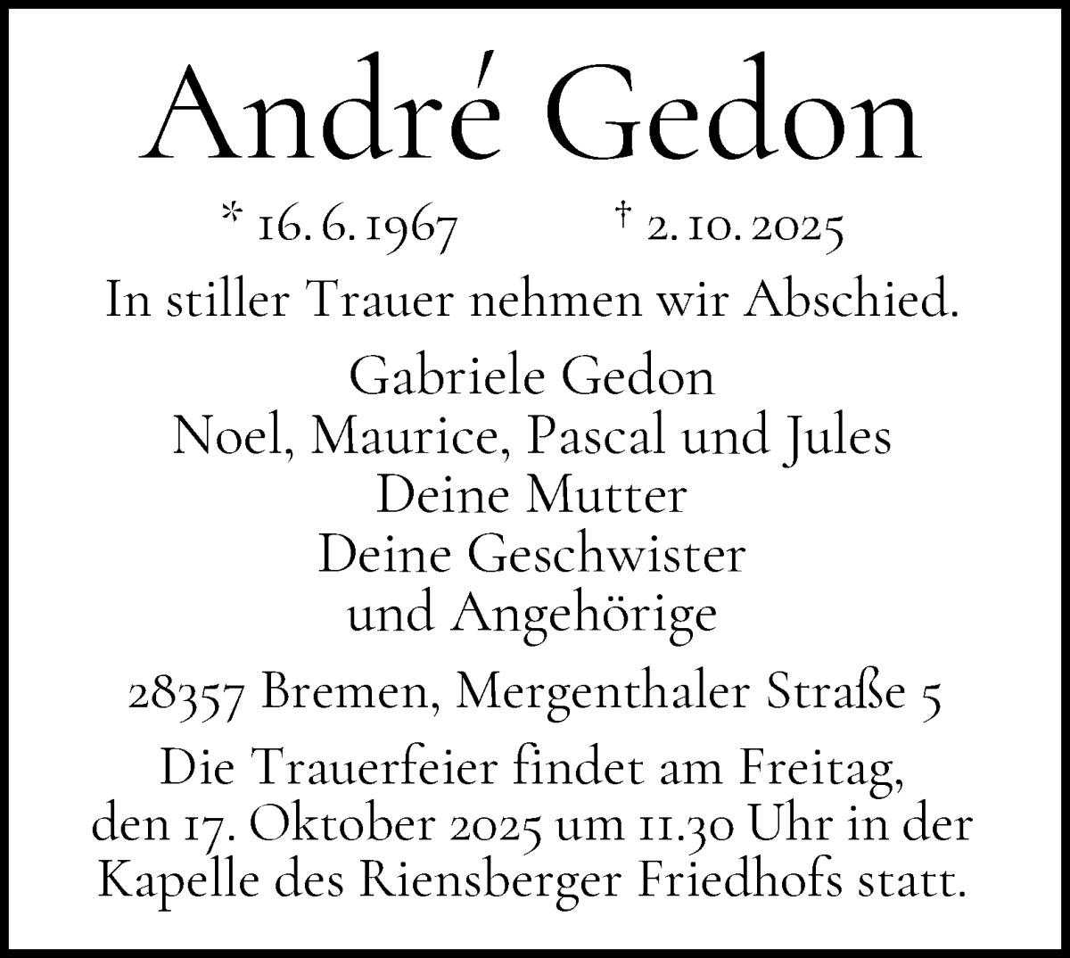 Traueranzeige von Andre Gedon von WESER-KURIER