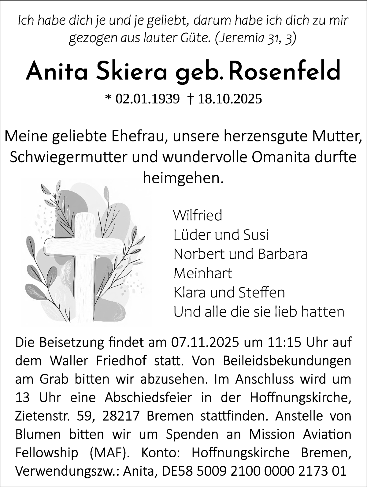 Traueranzeige von Anita Skiera von WESER-KURIER