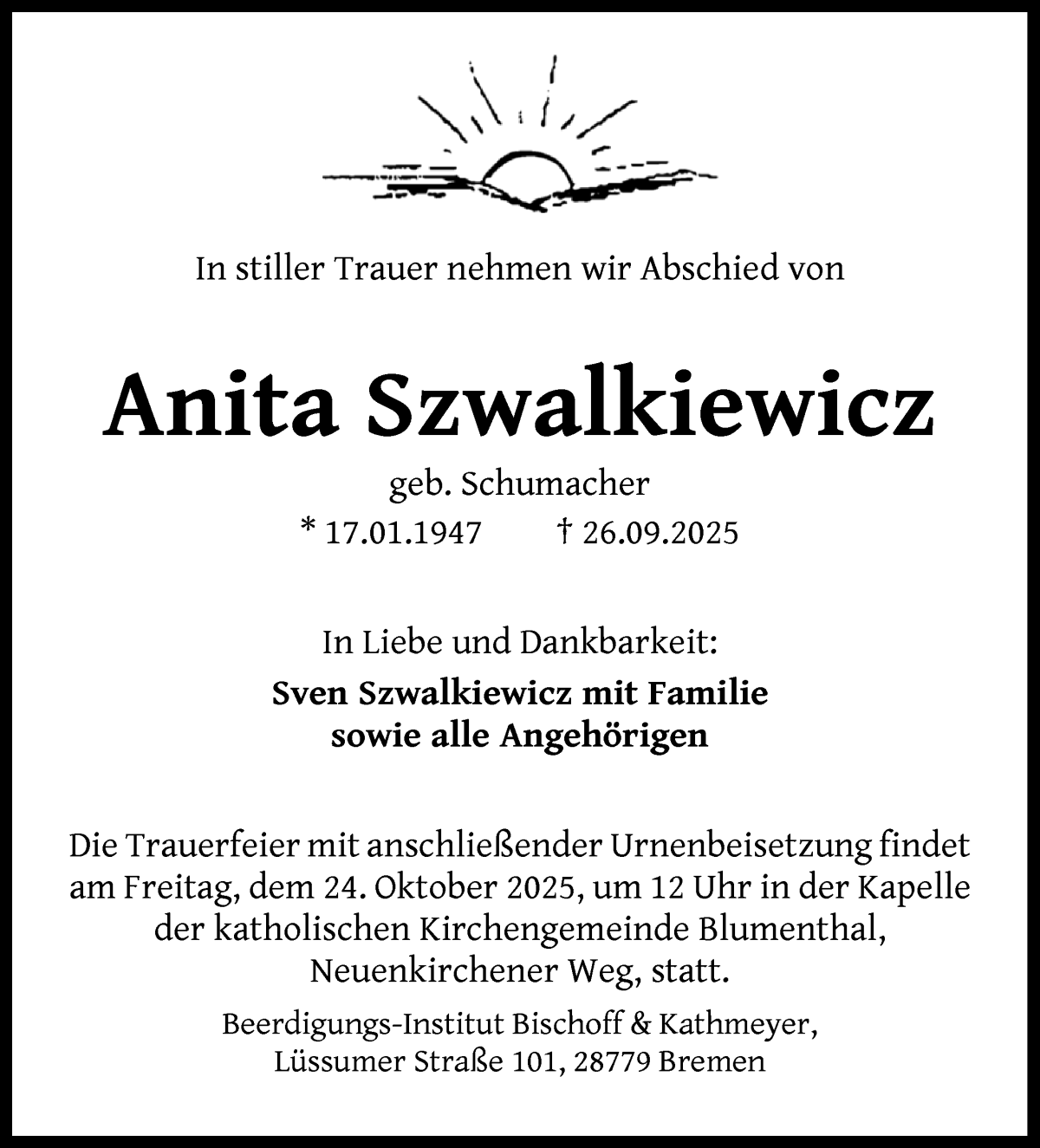  Traueranzeige für Anita Szwalkiewicz vom 22.10.2025 aus Die Norddeutsche