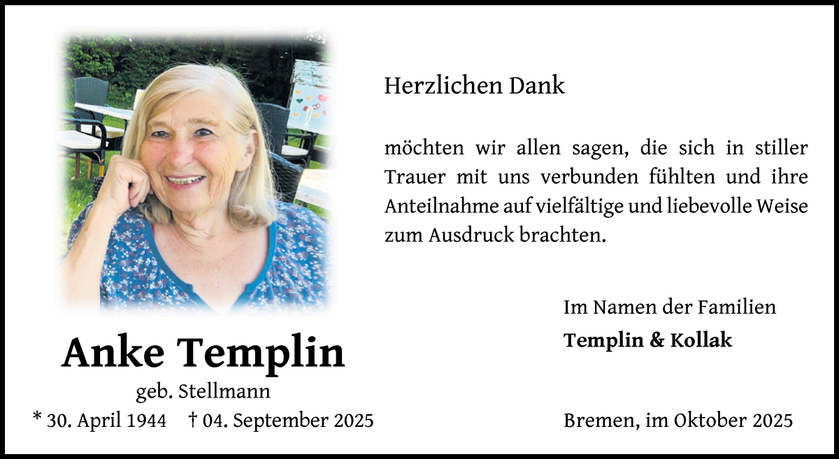  Traueranzeige für Anke Templin vom 11.10.2025 aus Die Norddeutsche