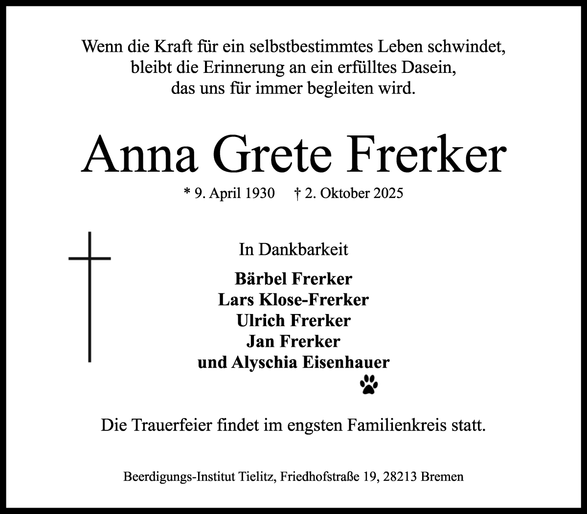 Traueranzeige von Anna Grete Frerker von WESER-KURIER