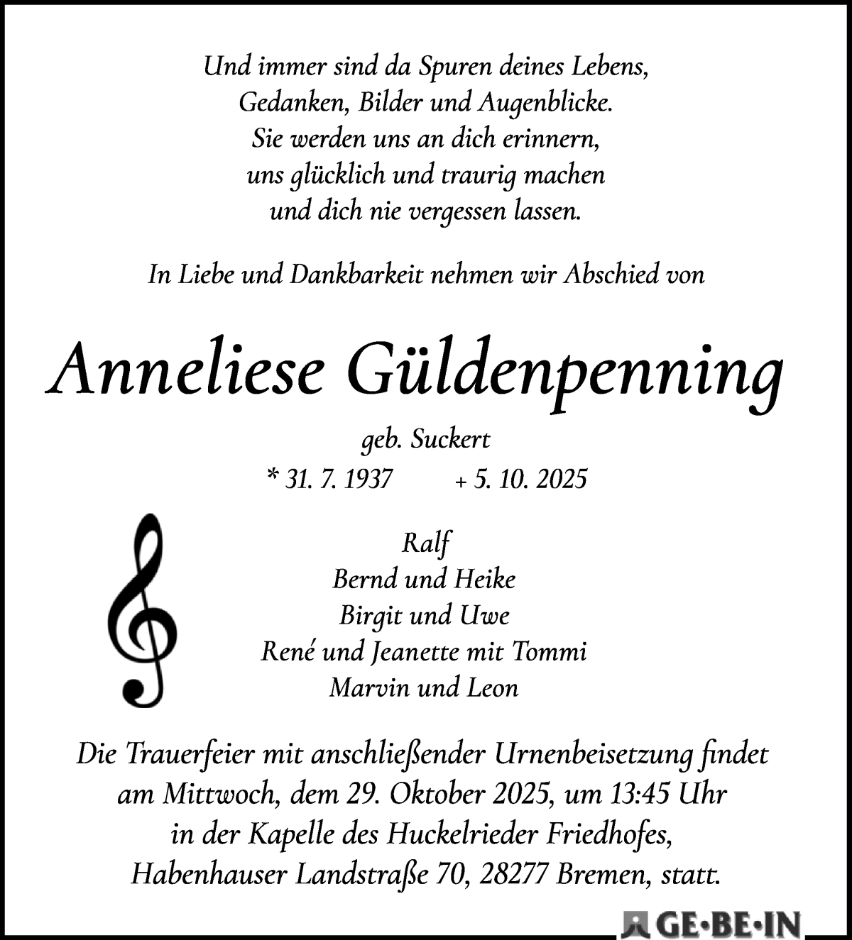 Traueranzeige von Anneliese Güldenpenning von WESER-KURIER