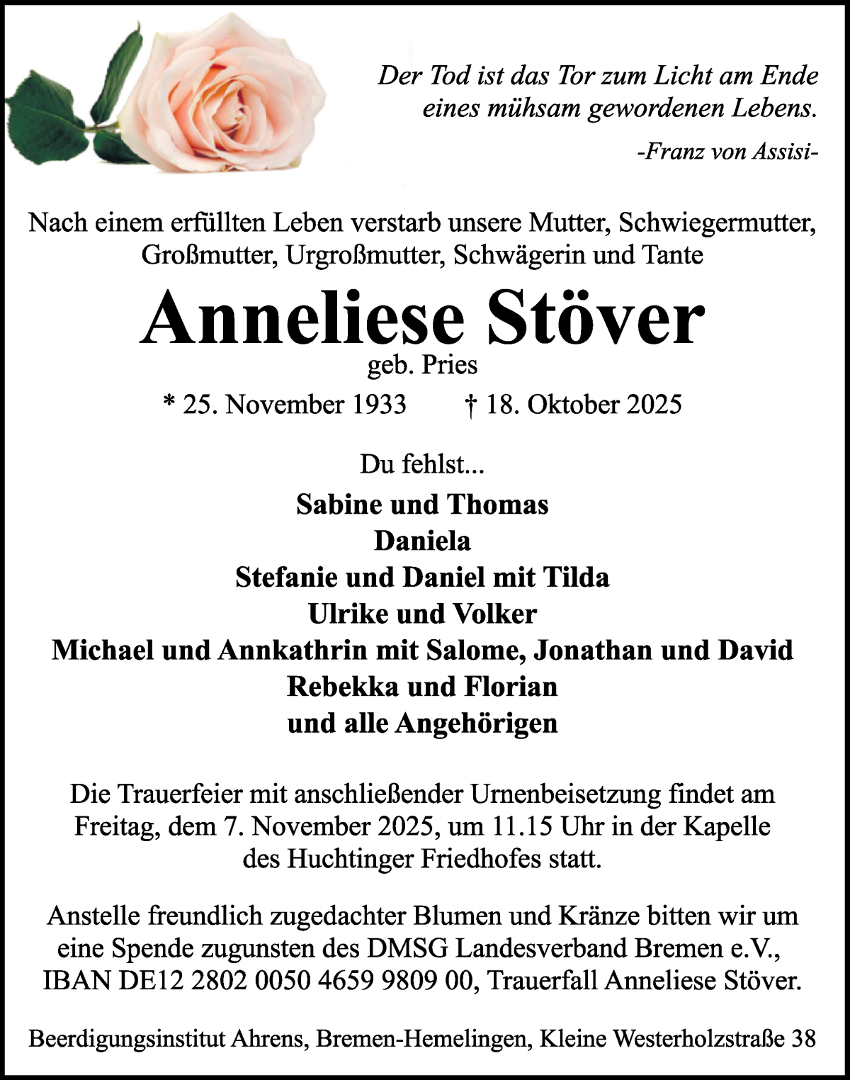 Traueranzeige von Anneliese Stöver von WESER-KURIER
