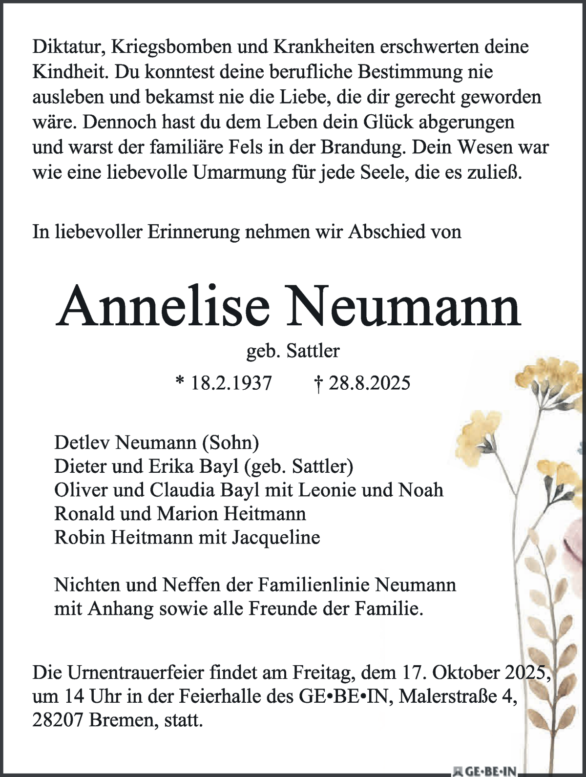 Traueranzeige von Annelise Neumann von WESER-KURIER