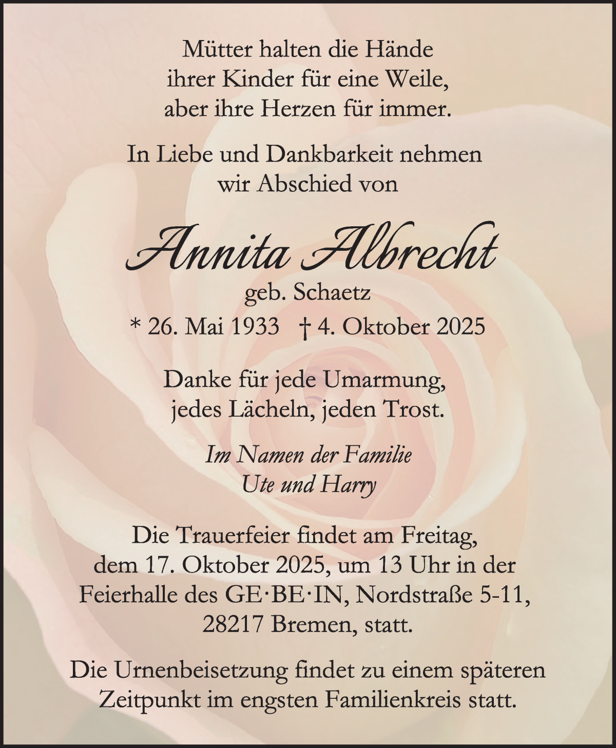 Traueranzeige von Annita Albrecht von WESER-KURIER