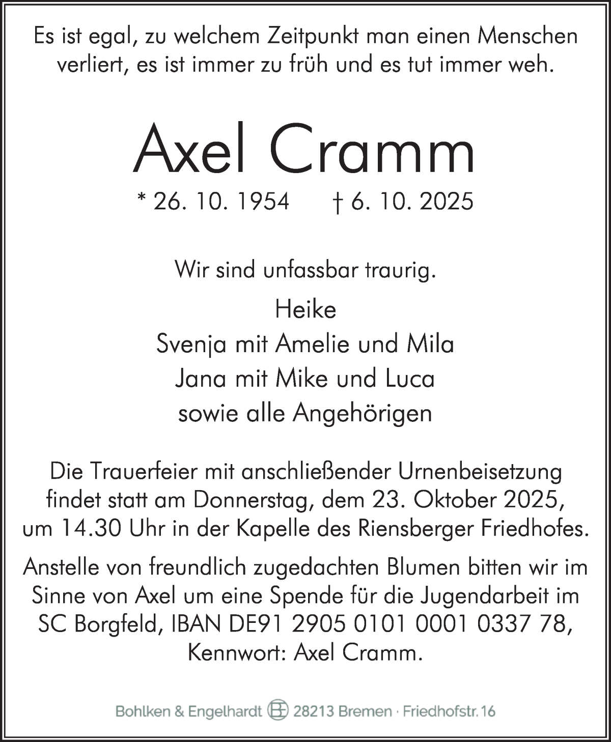 Traueranzeige von Axel Cramm von WESER-KURIER