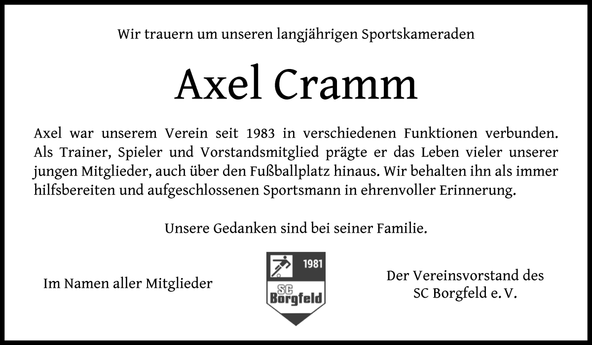 Traueranzeige von Axel Cramm von Wuemme Zeitung
