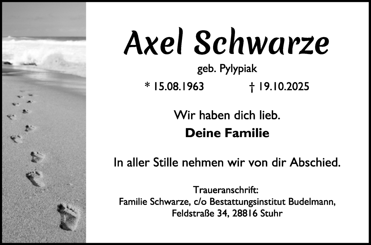 Traueranzeige von Axel Schwarze von WESER-KURIER