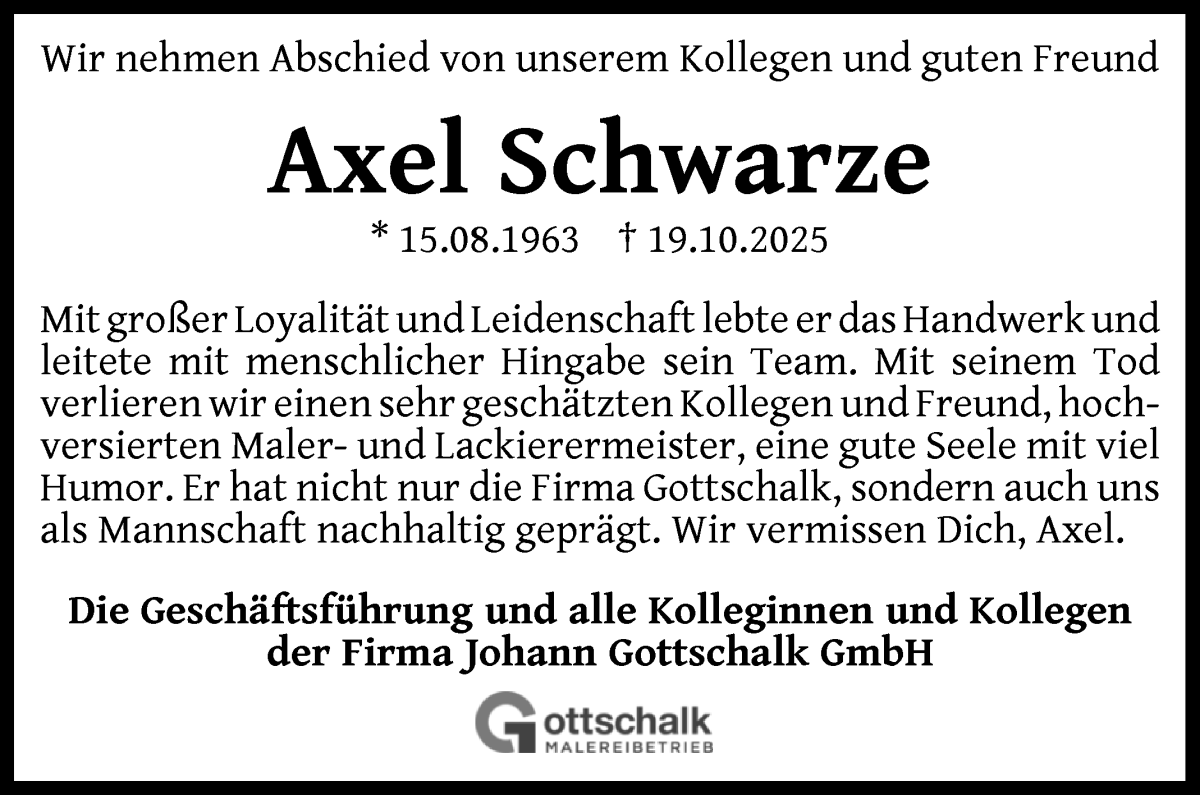 Traueranzeige von Axel Schwarze von WESER-KURIER