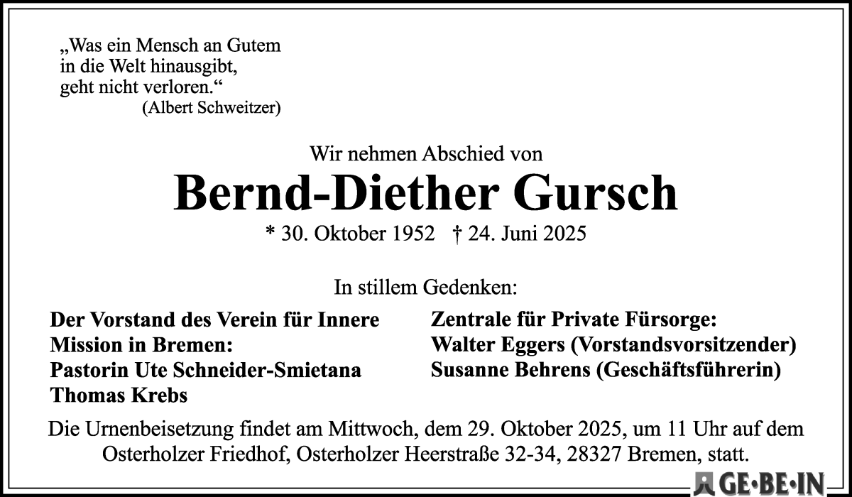 Traueranzeige von Bernd-Diether Gursch von WESER-KURIER