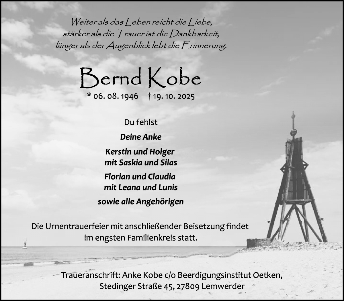 Traueranzeige von Bernd Kobe von Die Norddeutsche