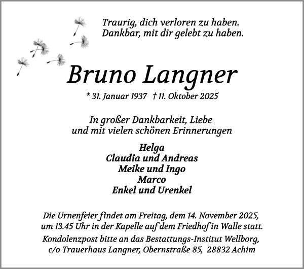 Traueranzeige von Bruno Langner von WESER-KURIER