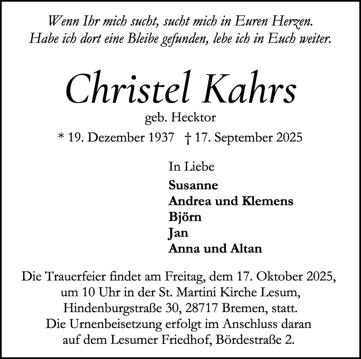 Traueranzeige von Christel Kahrs von Die Norddeutsche
