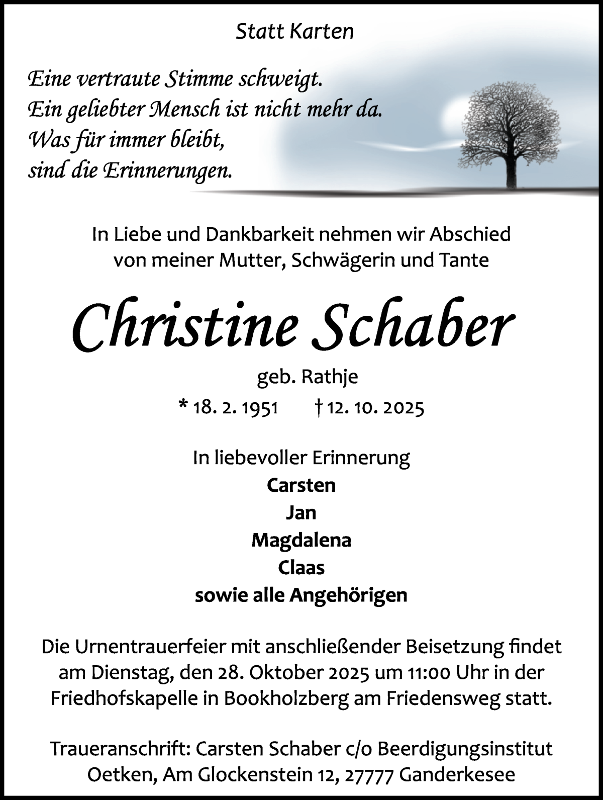  Traueranzeige für Christine Schaber vom 18.10.2025 aus WESER-KURIER