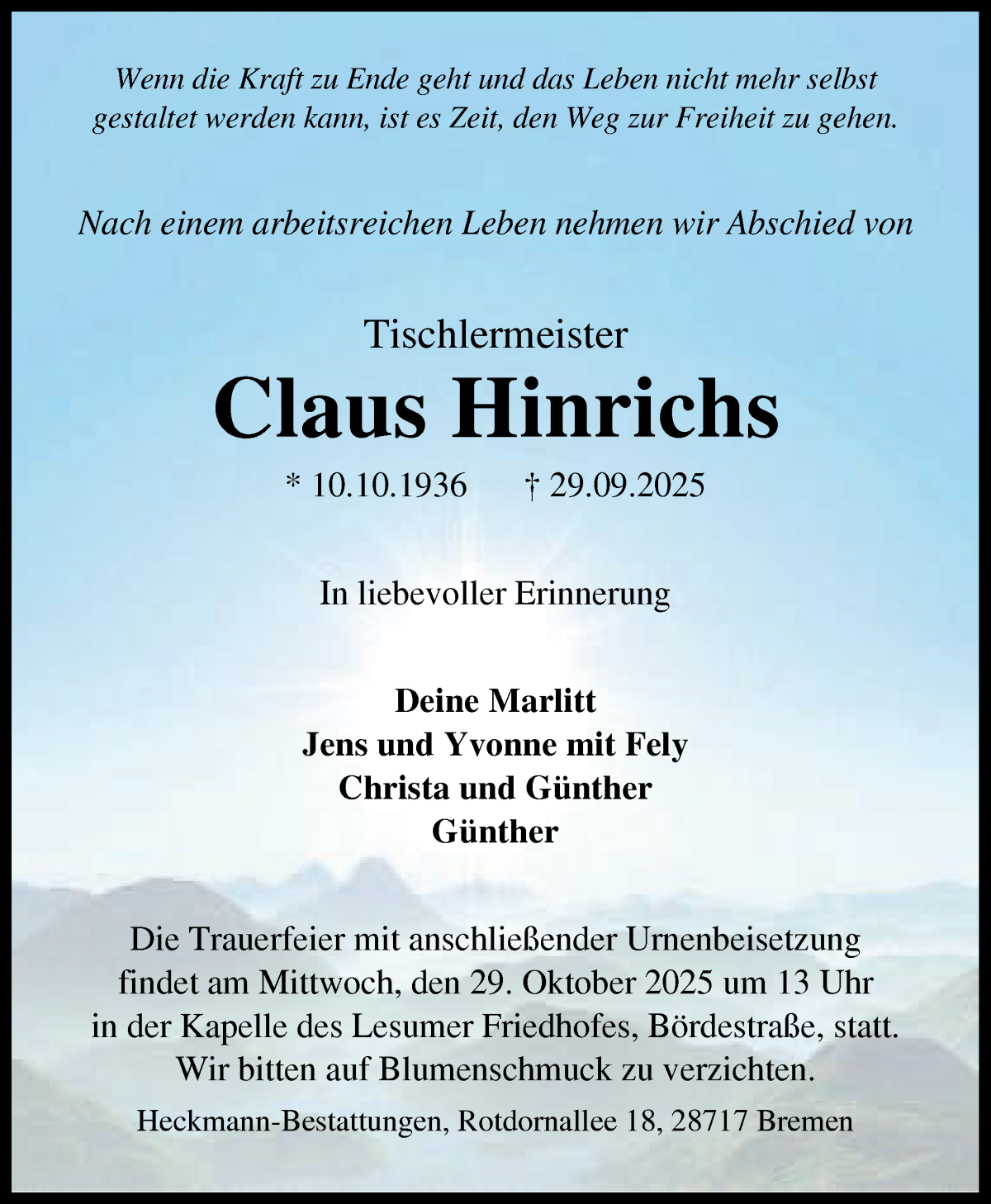  Traueranzeige für Claus Hinrichs vom 18.10.2025 aus Die Norddeutsche