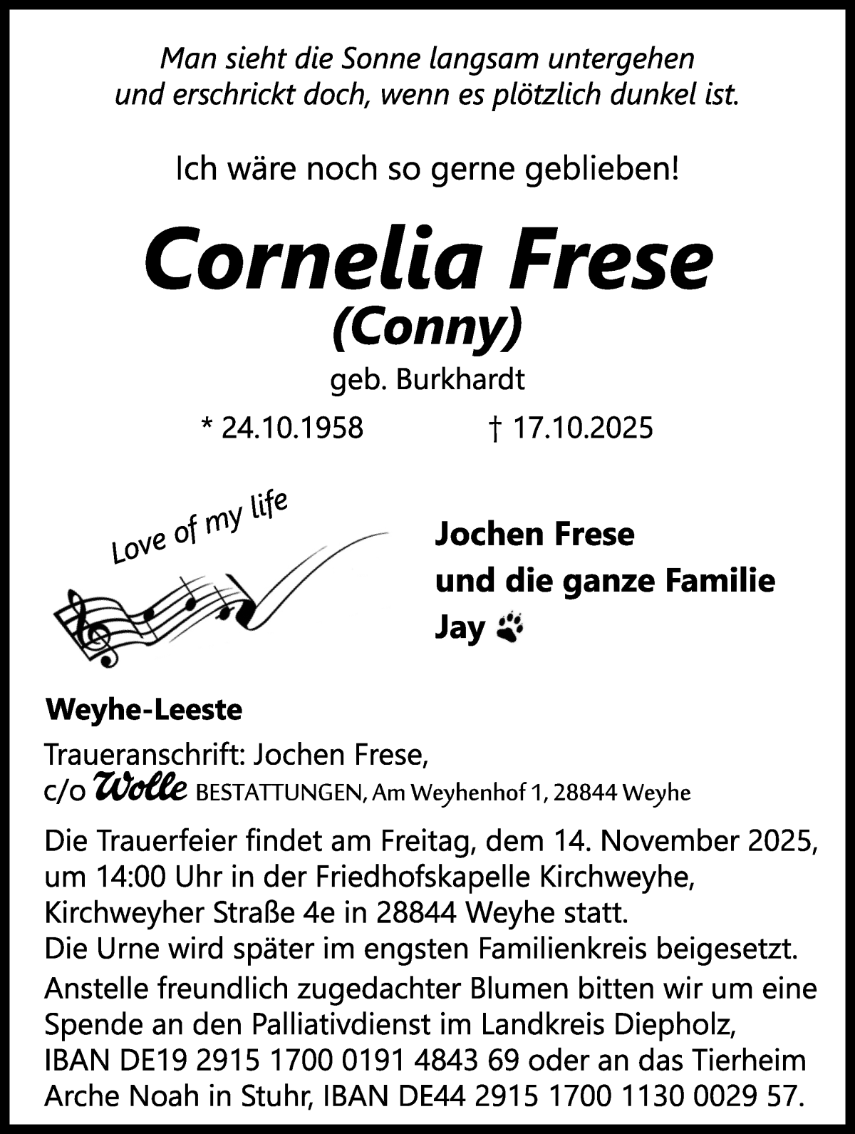 Traueranzeige von Cornelia (Conny) Frese von WESER-KURIER