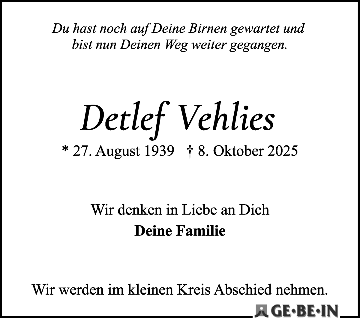 Traueranzeige von Detlef Vehlies von WESER-KURIER
