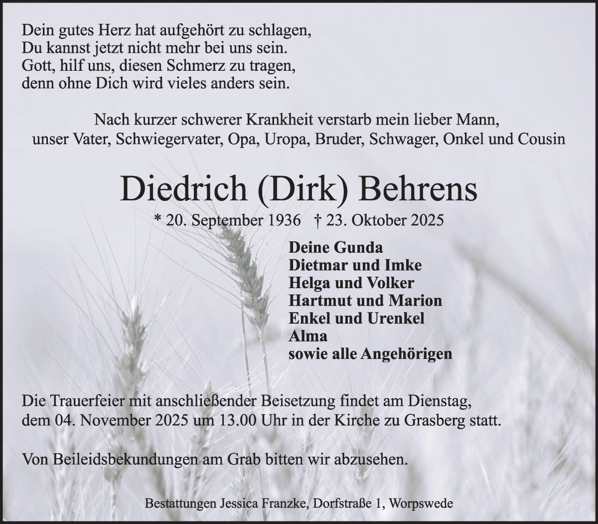 Traueranzeige von Diedrich Behrens von Wuemme Zeitung