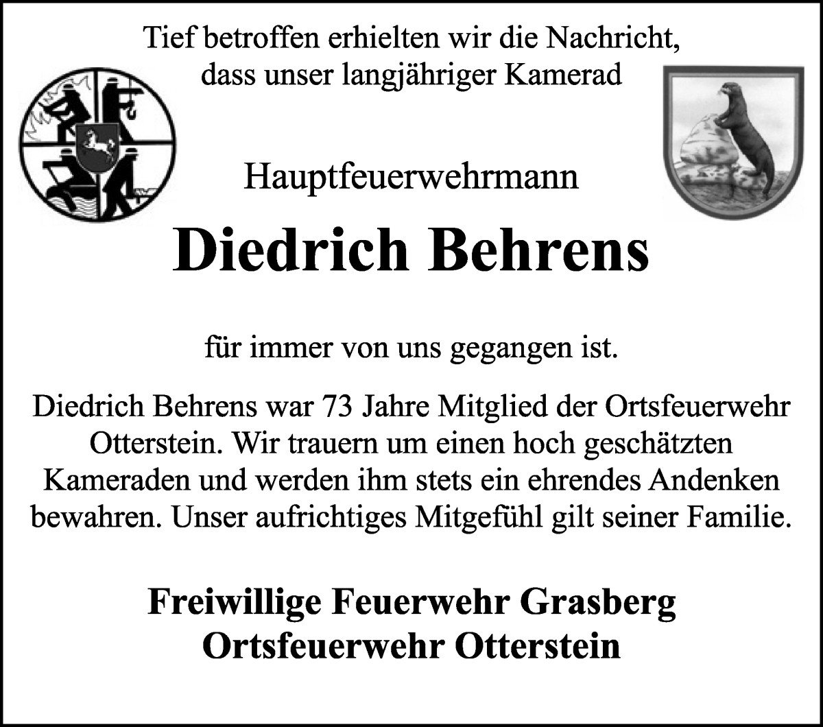 Traueranzeige von Diedrich Behrens von Wuemme Zeitung
