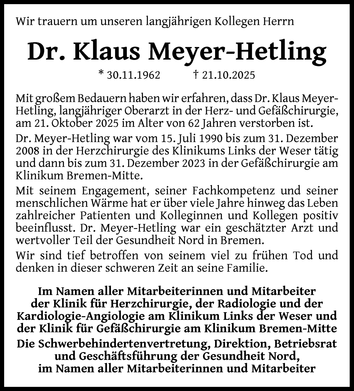 Traueranzeige von Dr. Klaus Meyer-Hetling von WESER-KURIER