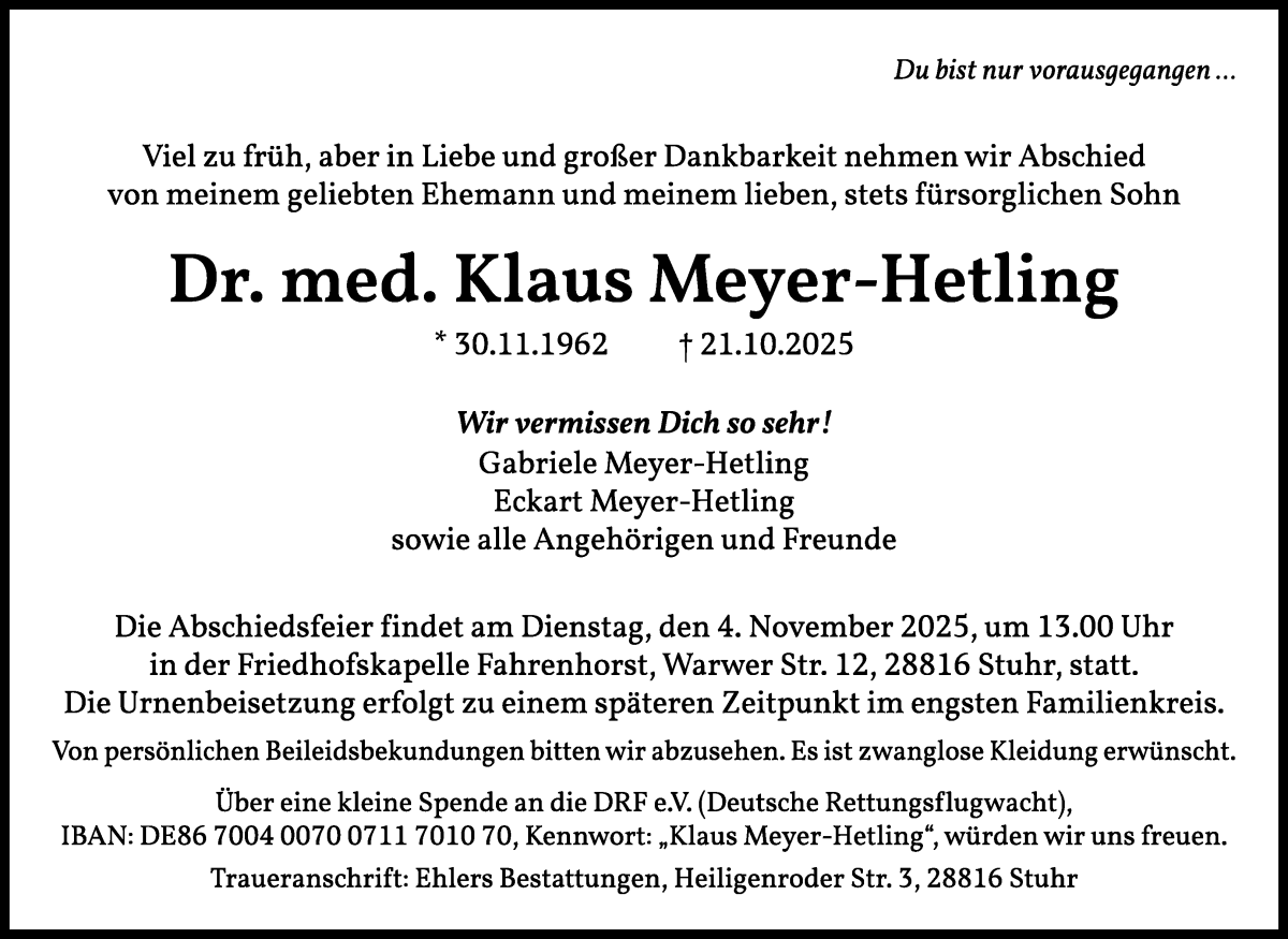 Traueranzeige von Dr. med. Klaus Meyer-Hetling von WESER-KURIER