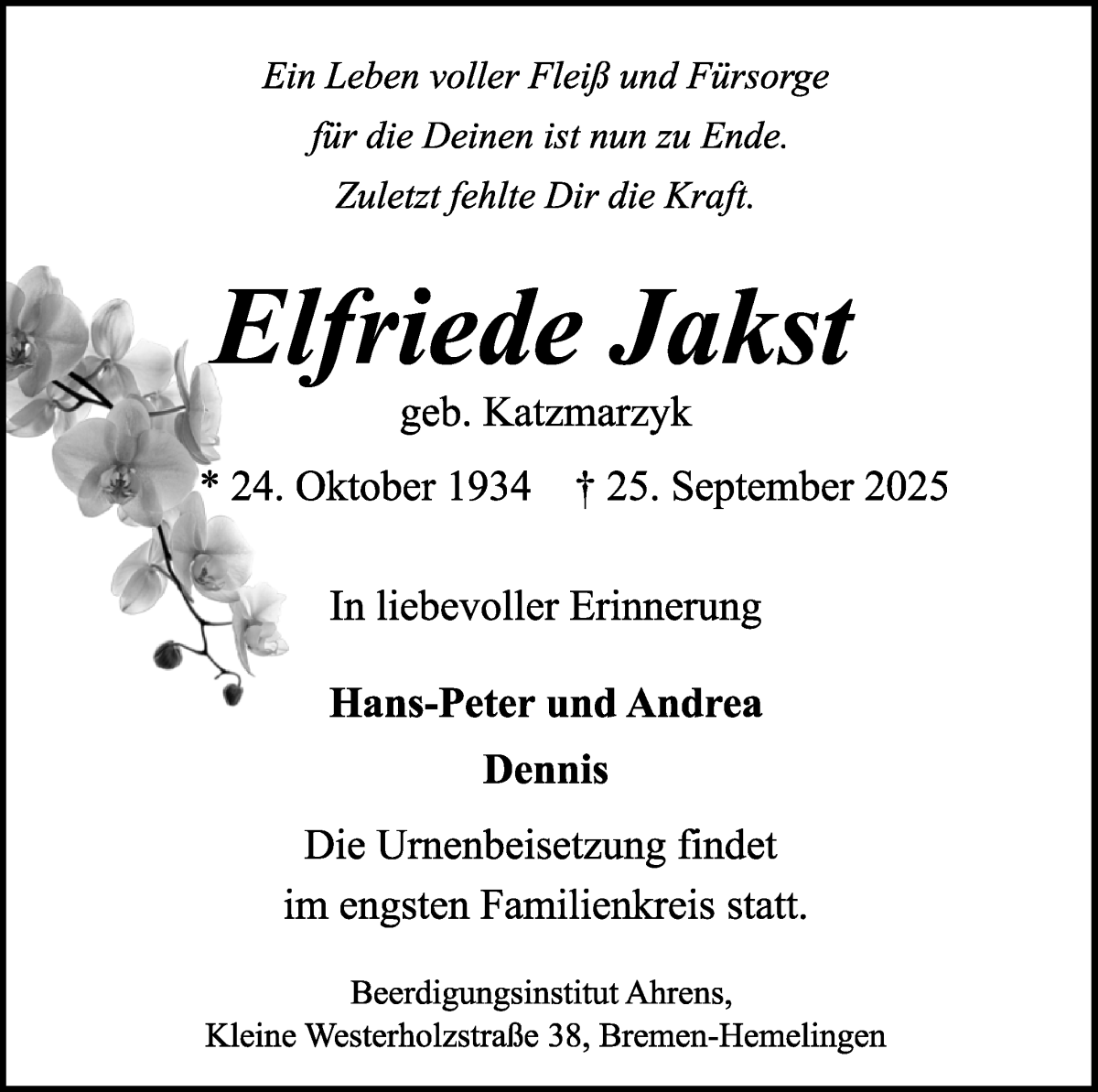 Traueranzeige von Elfriede Jakst von WESER-KURIER