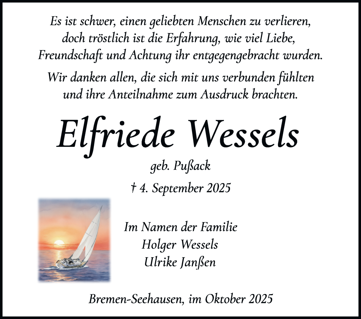 Traueranzeige von Elfriede Wessels von WESER-KURIER