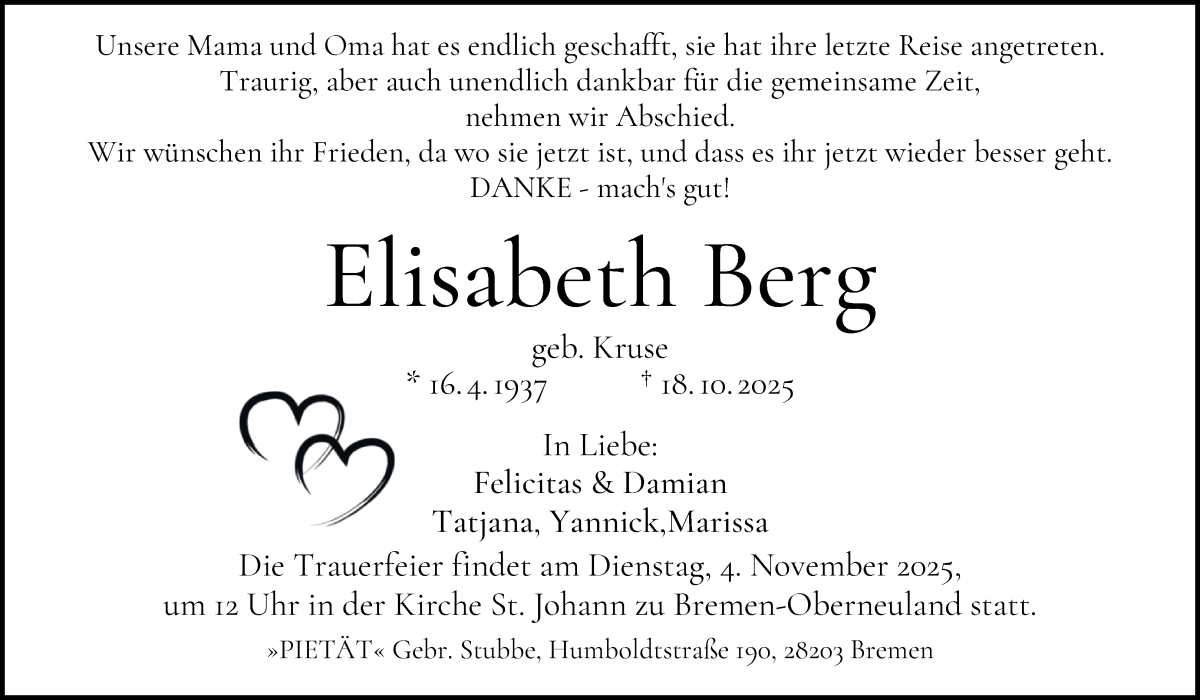 Traueranzeige von Elisabeth Berg von WESER-KURIER