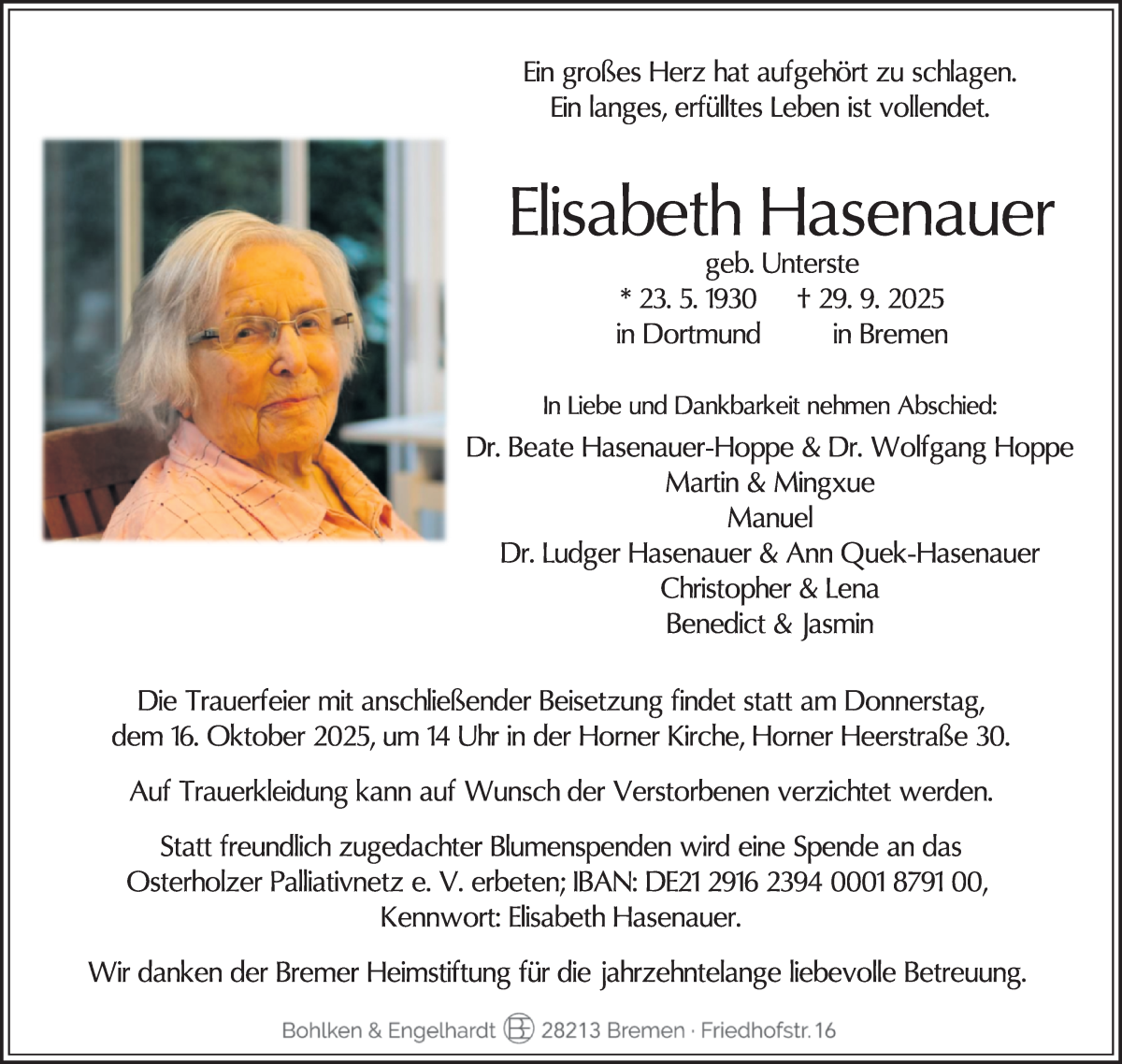 Traueranzeige von Elisabeth Hasenauer von WESER-KURIER