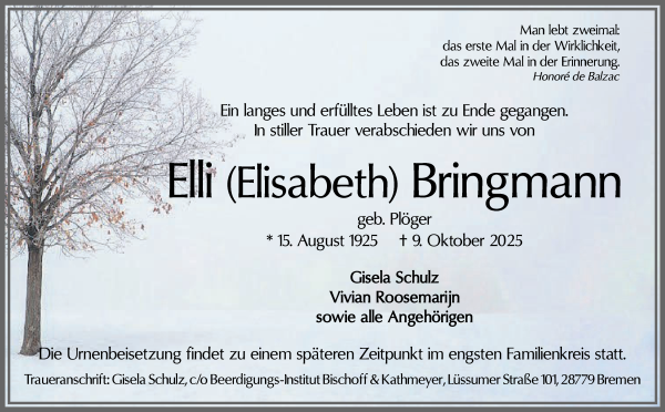 Traueranzeige von Elli (Elisabeth) Bringmann von Die Norddeutsche