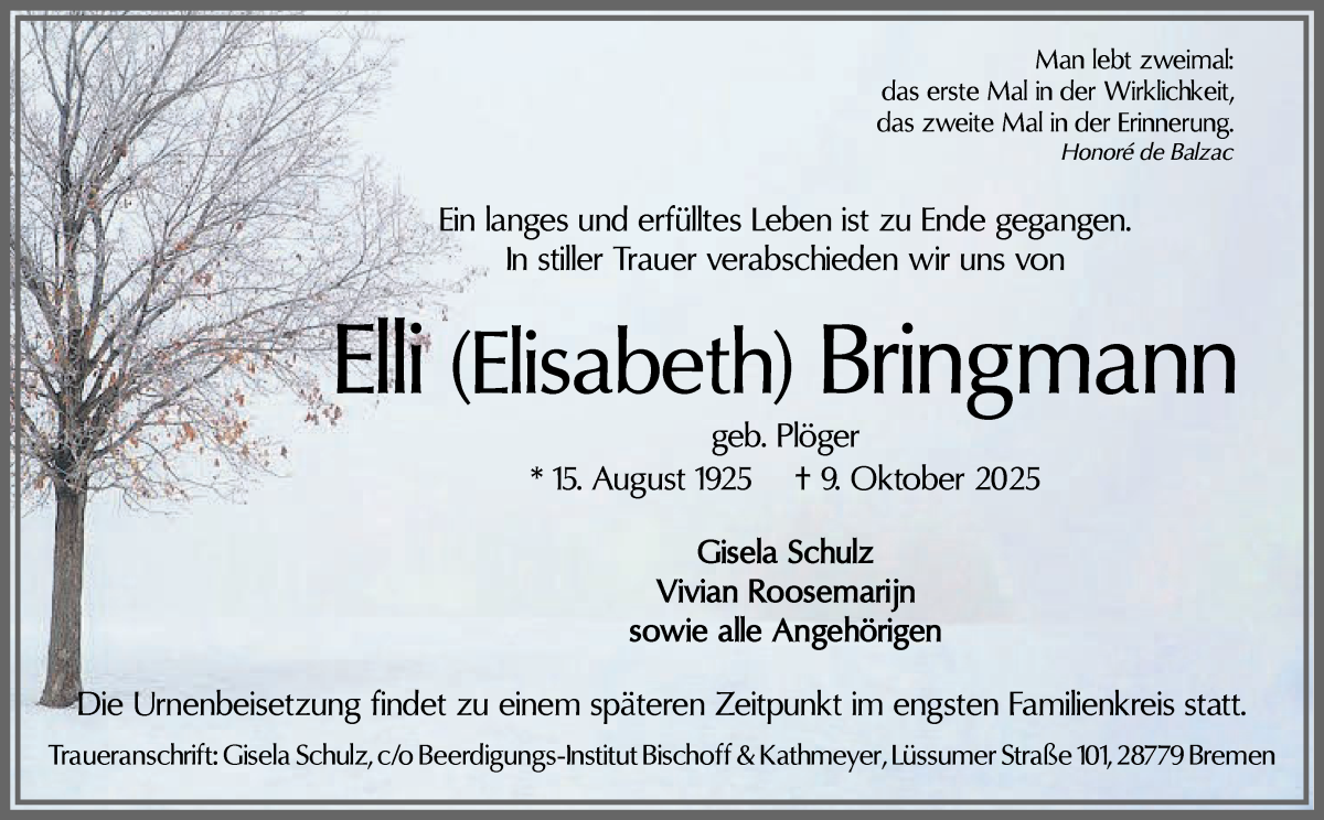  Traueranzeige für Elli (Elisabeth) Bringmann vom 25.10.2025 aus Die Norddeutsche