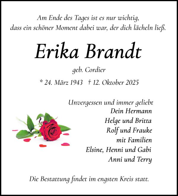 Traueranzeige von Erika Brandt von WESER-KURIER