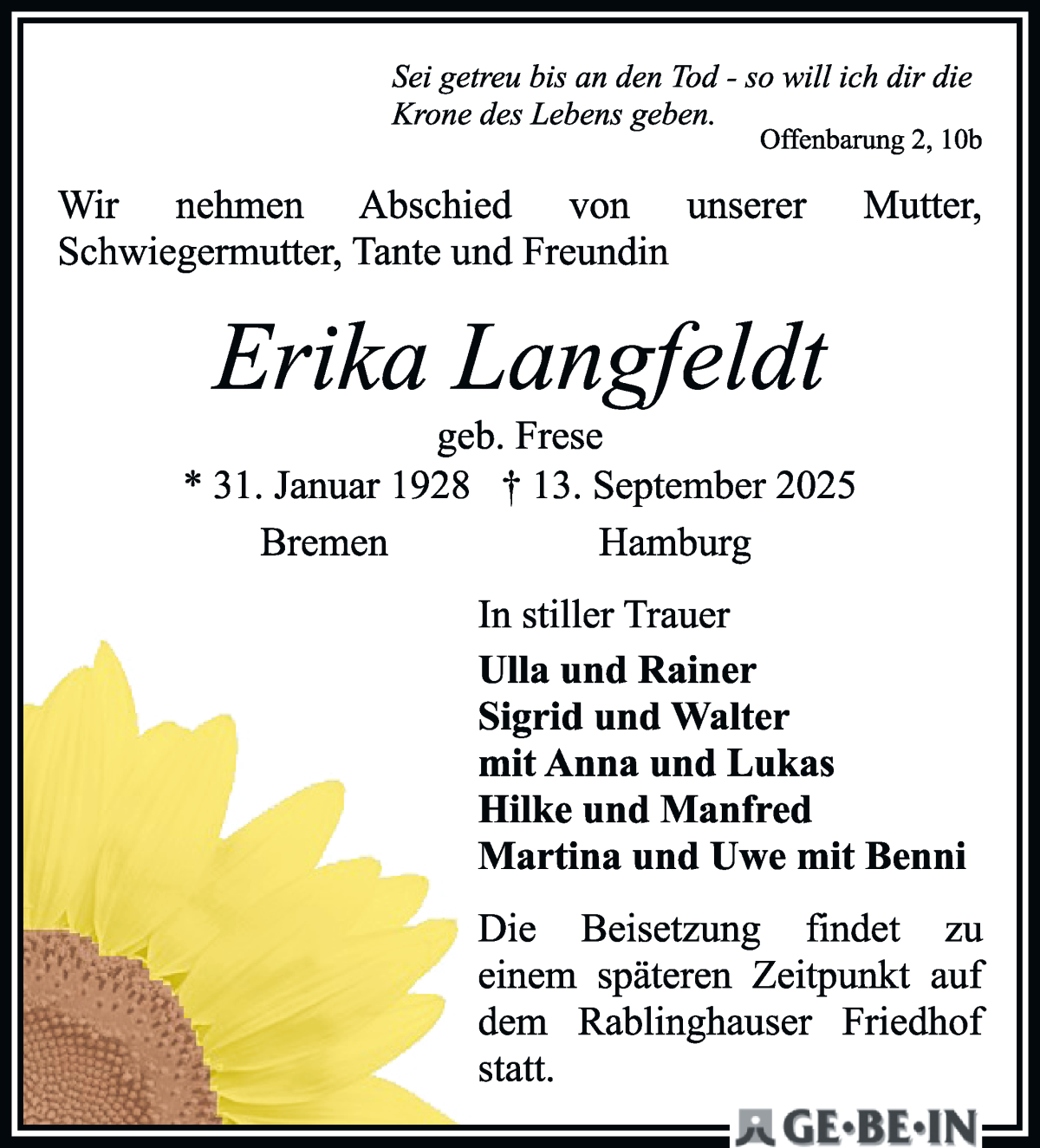 Traueranzeige von Erika Langfeldt von WESER-KURIER