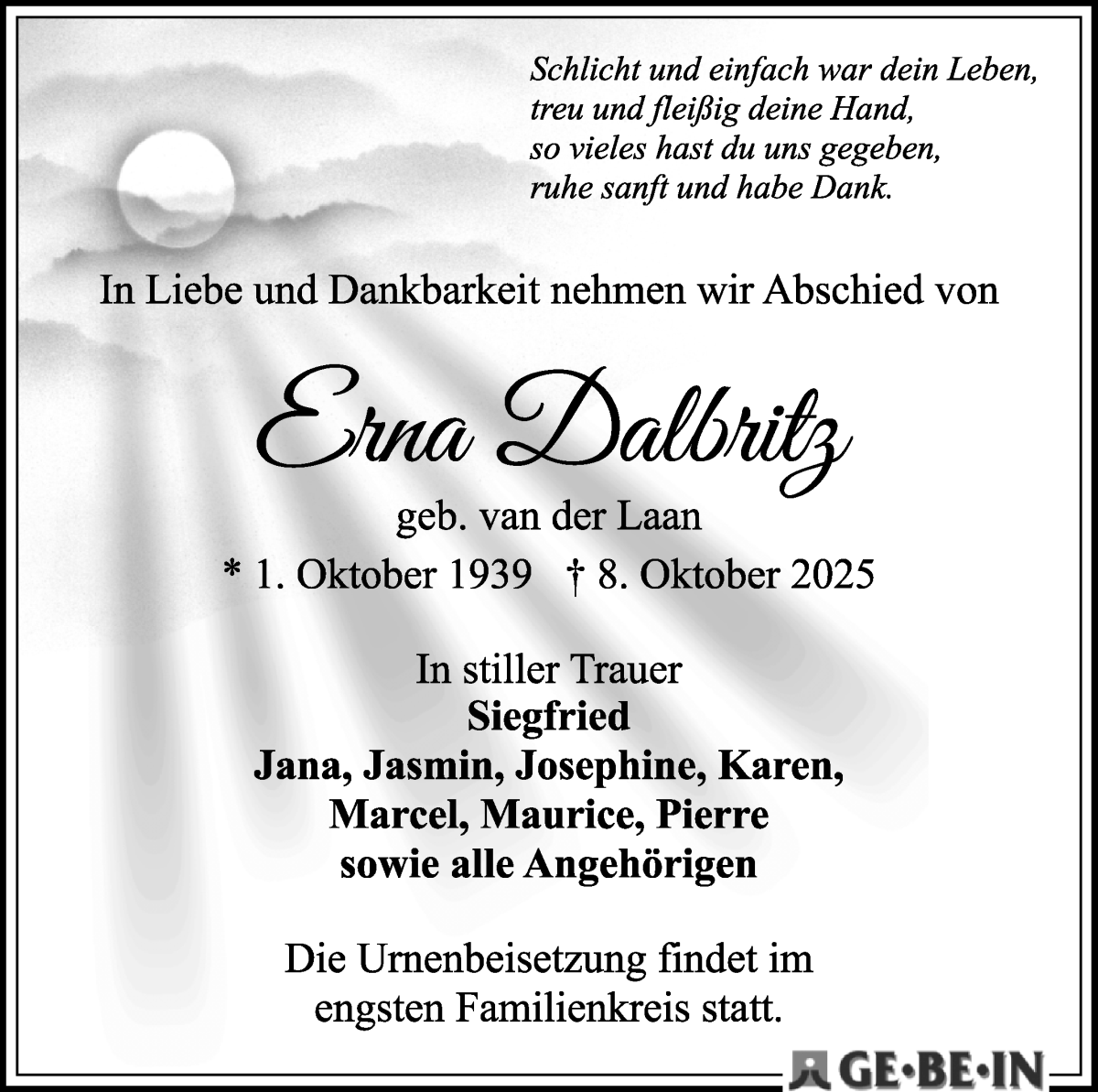 Traueranzeige von Erna Dalbritz von WESER-KURIER