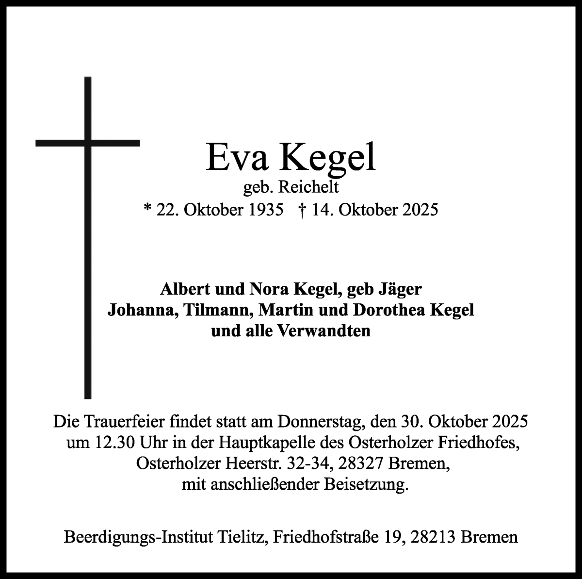 Traueranzeige von Eva Kegel von WESER-KURIER