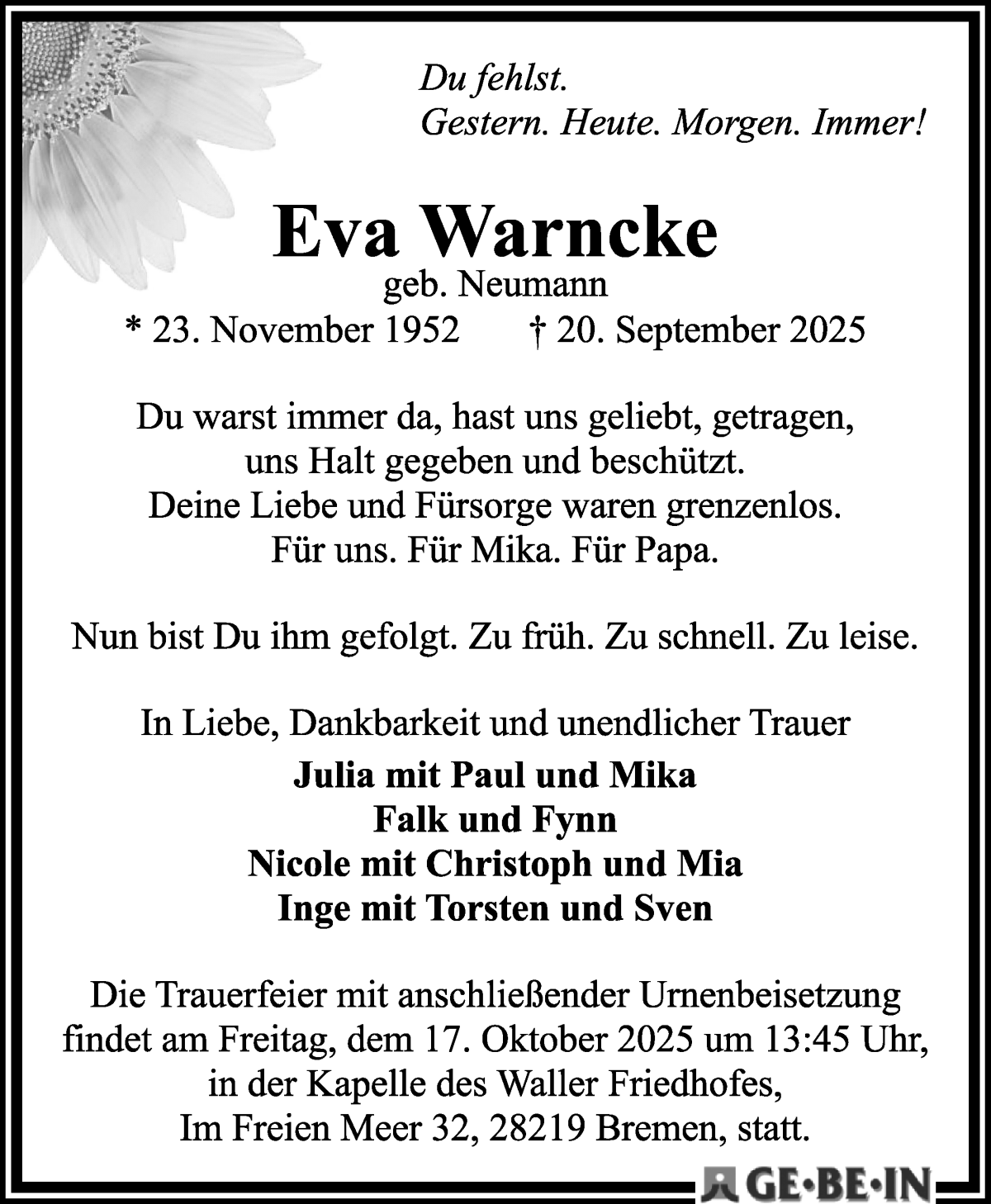 Traueranzeige von Eva Warncke von WESER-KURIER