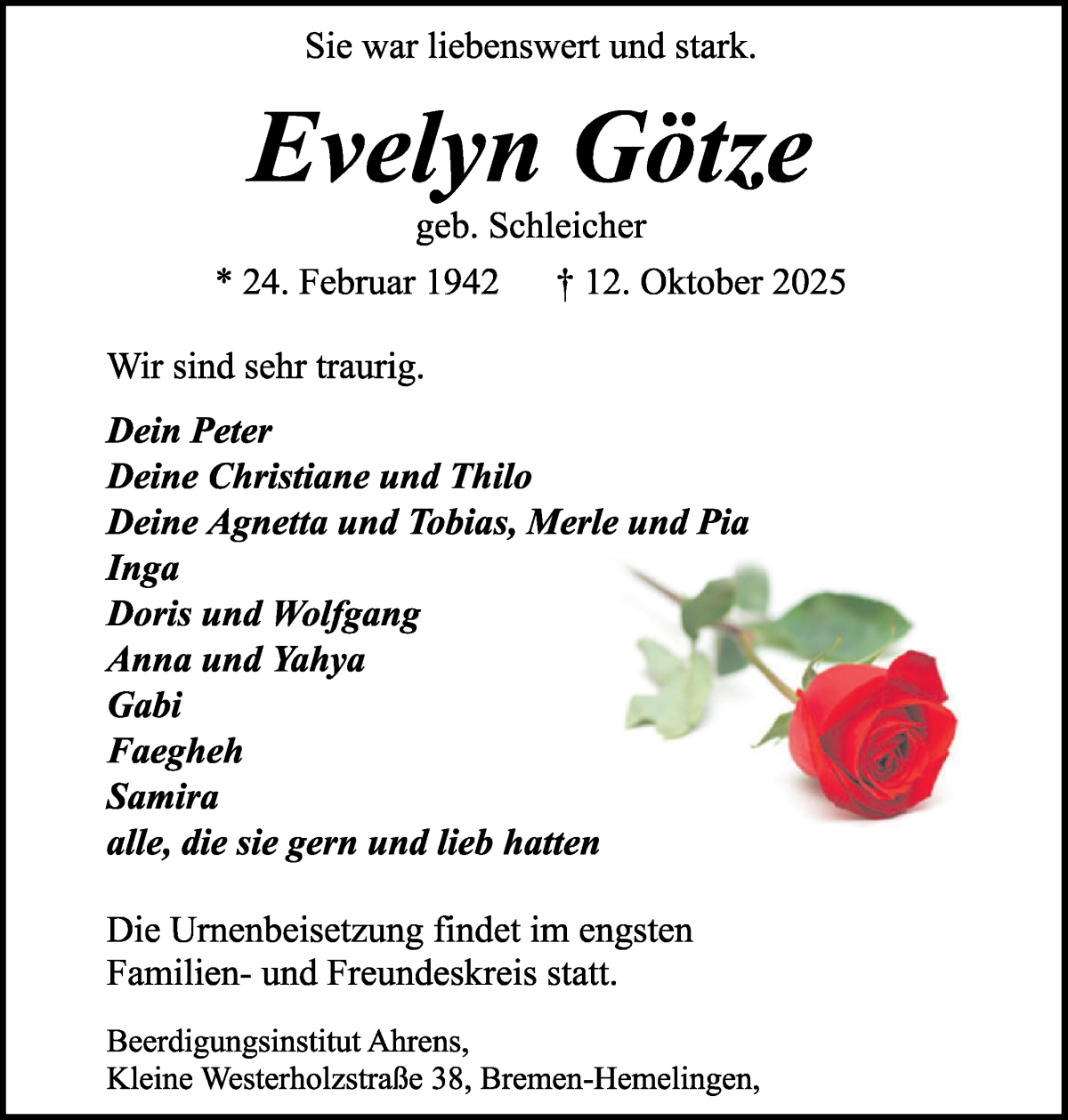 Traueranzeige von Evelyn Götze von WESER-KURIER
