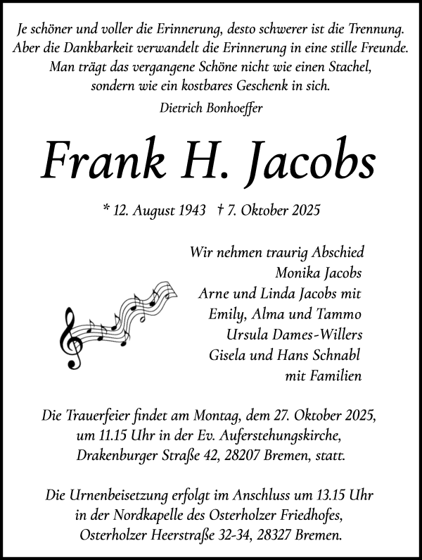Traueranzeige von Frank H. Jacobs von WESER-KURIER