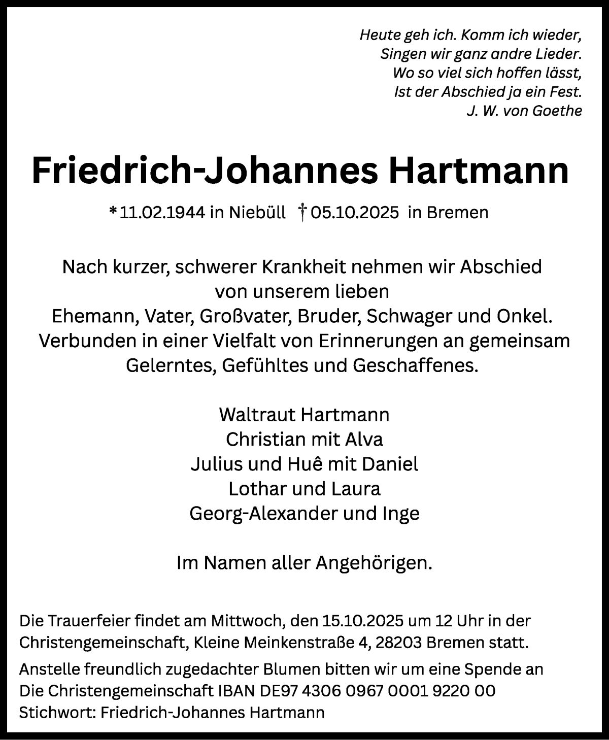  Traueranzeige für Friedrich-Johannes Hartmann vom 11.10.2025 aus WESER-KURIER