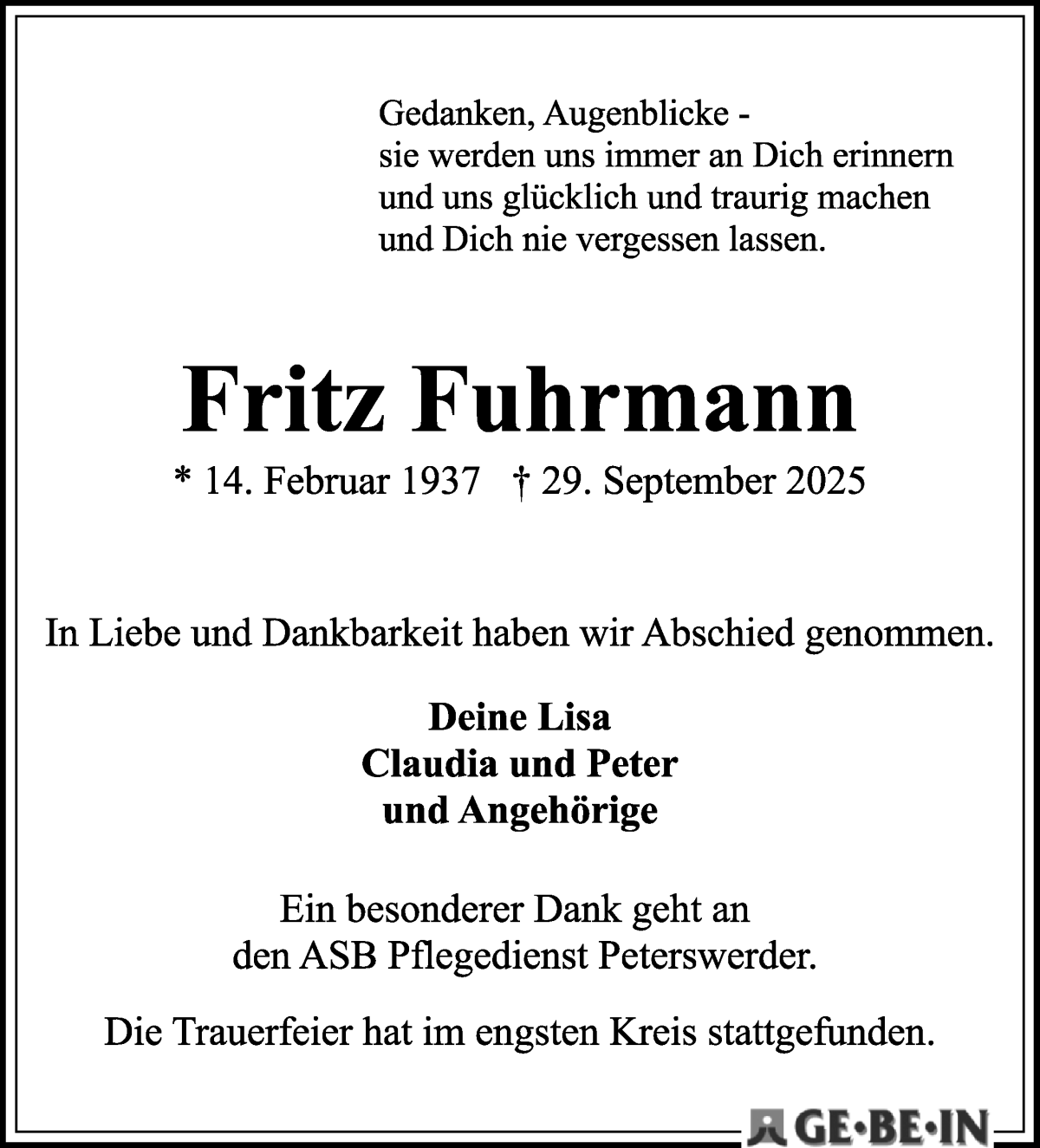 Traueranzeige von Fritz Fuhrmann von WESER-KURIER