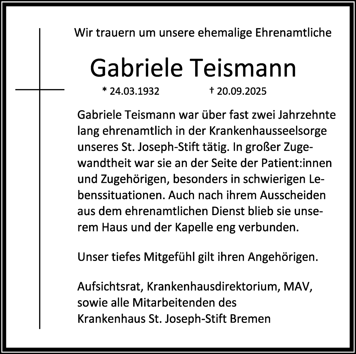 Traueranzeige von Gabriele Teismann von WESER-KURIER
