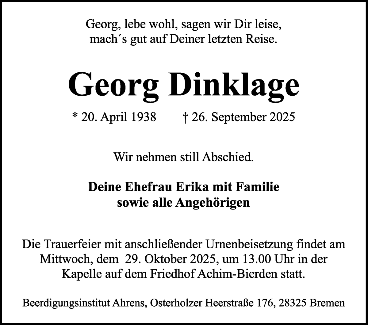 Traueranzeige von Georg Dinklage von WESER-KURIER