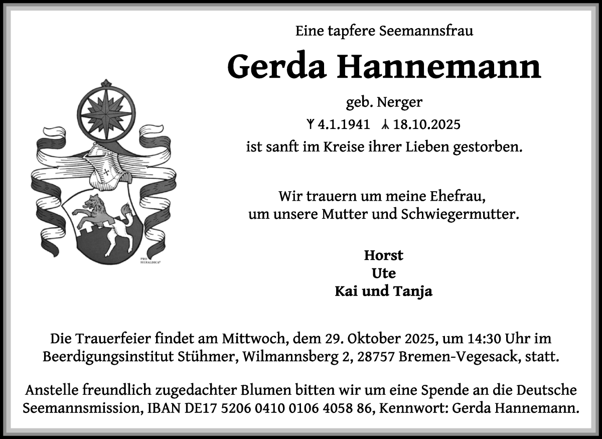 Traueranzeige von Gerda Hannemann von Die Norddeutsche